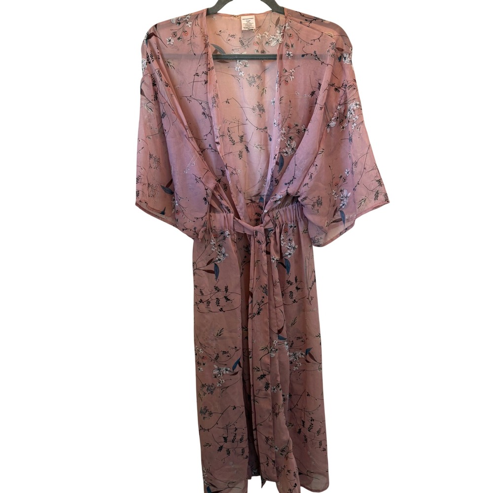 Pink Floral‎ Kimono Robe Tie Waist Duster Cover Up S/M Sheer Boho Fairy Romantic